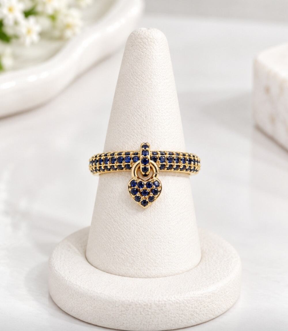 18k Gold Plated Navy Rhinestone Heart Charm Ring New